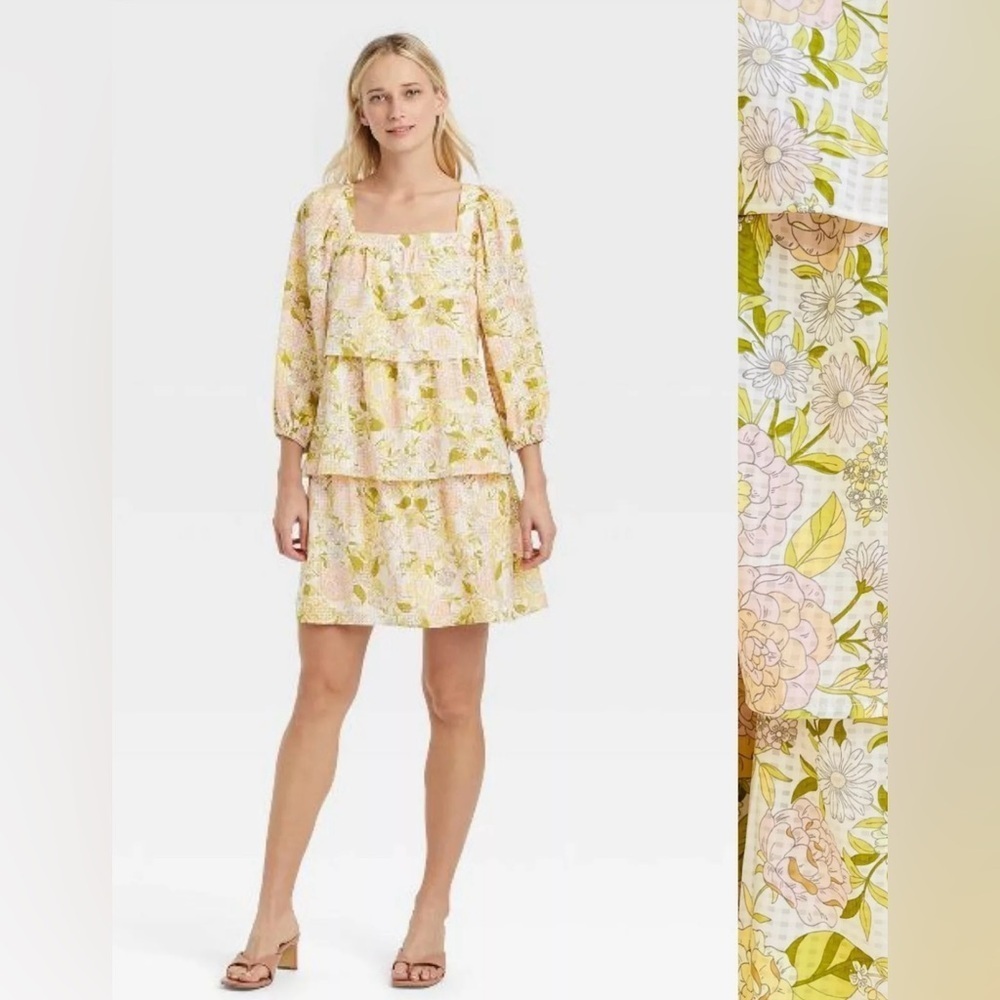 WHOWHATWEAR White and yellow floral tiered balloon sleeve mini dress size M.